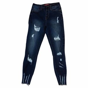 Guess Dark Wash Distressed Destroyed Ripped Knee High Rise Blue Denim Cr…